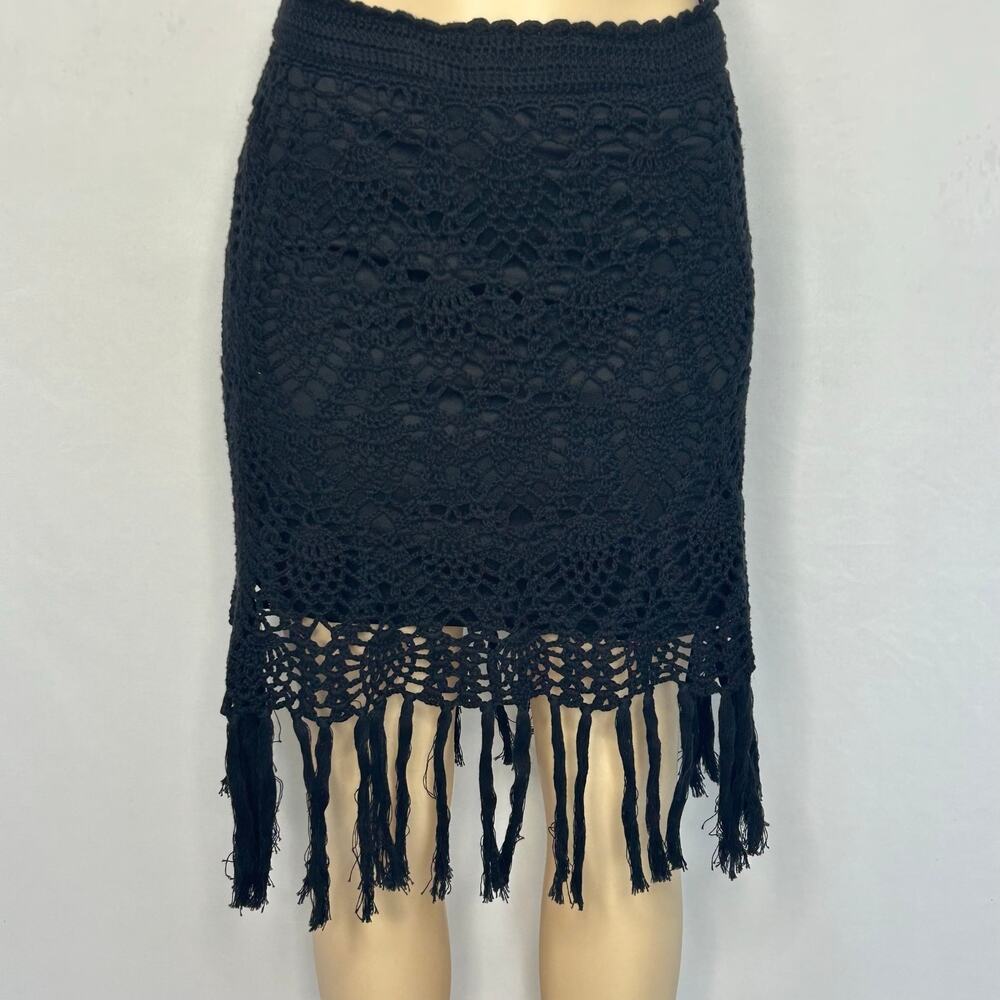 Free The Roses Black Crochet Fringe Midi Skirt Boho Festival Stretch Size S